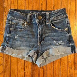 AEO Hi-Rise Shortie Super Stretch Denim Shorts Dark Wash W24 Indie Festival Boho